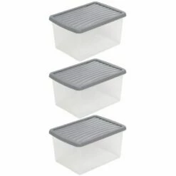 Wham Plastic Storage Boxes 16 Litre Pack Of 3 Clear With Grey Lid