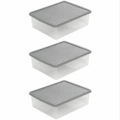 Wham Plastic Storage Boxes 23.5 Litre Pack Of 3 Clear With Grey Lid