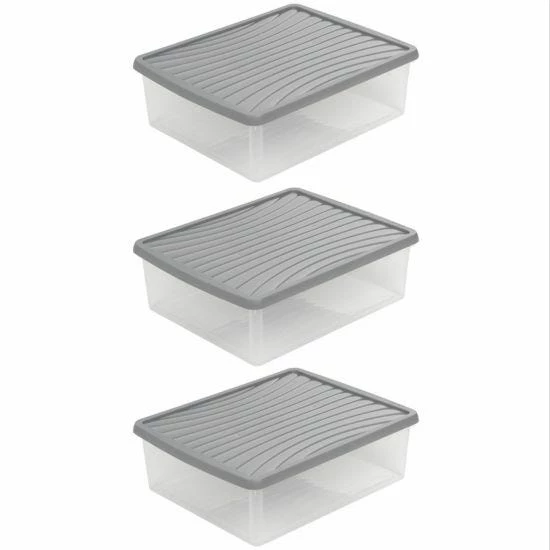 Wham Plastic Storage Boxes 23.5 Litre Pack Of 3 Clear With Grey Lid 3 Wham Plastic Storage Boxes 23.5 Litre Pack Of 3 Clear With Grey Lid