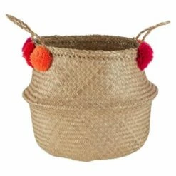 Seagrass Basket Natural Pom Pom Small