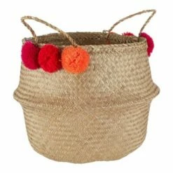 Seagrass Basket Natural Pom Pom Small -office furniture shop 0142100046 1 1