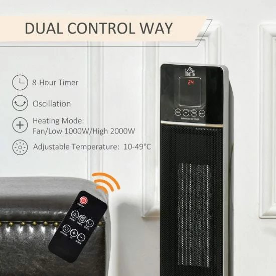 HOMCOM Ceramic Tower Heater With Remote Control And Oscillation In Black 8 HOMCOM Ceramic Tower Heater With Remote Control And Oscillation In Black - Image 6