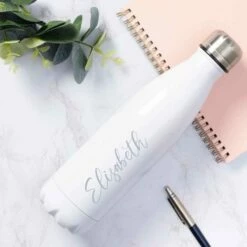Ryman Personalised White Water Bottle With Grey Signature Style Font